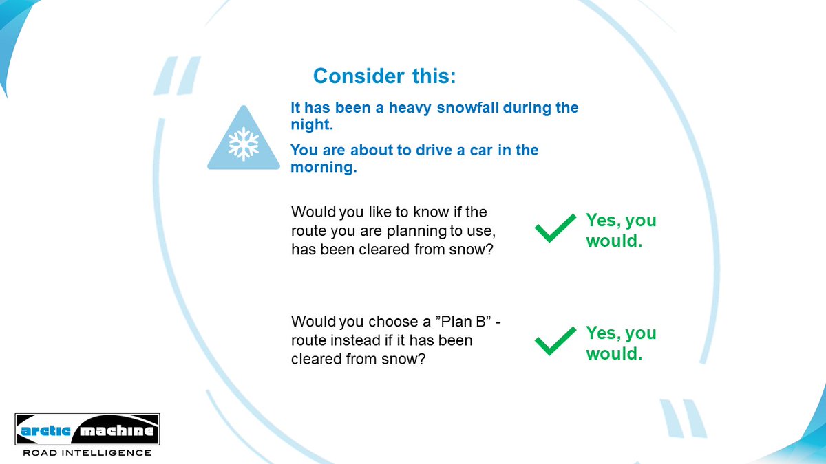 ArcticMachine's tweet photo. There is one 100% liable data source for finding out if road has been cleared from snow: De-icing operation data transferred from road maintenance vehicle.
And this is what we have been doing with @infotripla in research project Nordic Way 2.
#smarttraffic #infotripla #destia https://t.co/KAPu4Jt7xT