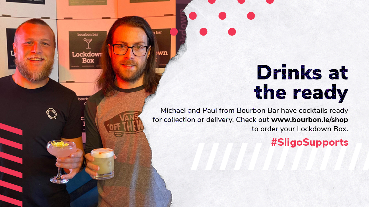 Enjoy cocktails this bank holiday weekend with the Bourbon Bar's lockdown box! From flower bombs to champagne cosmos and whiskey sours, check out their selection at bourbon.ie/shop. #SligoSupports #cocktailnight #bankholidaycocktails