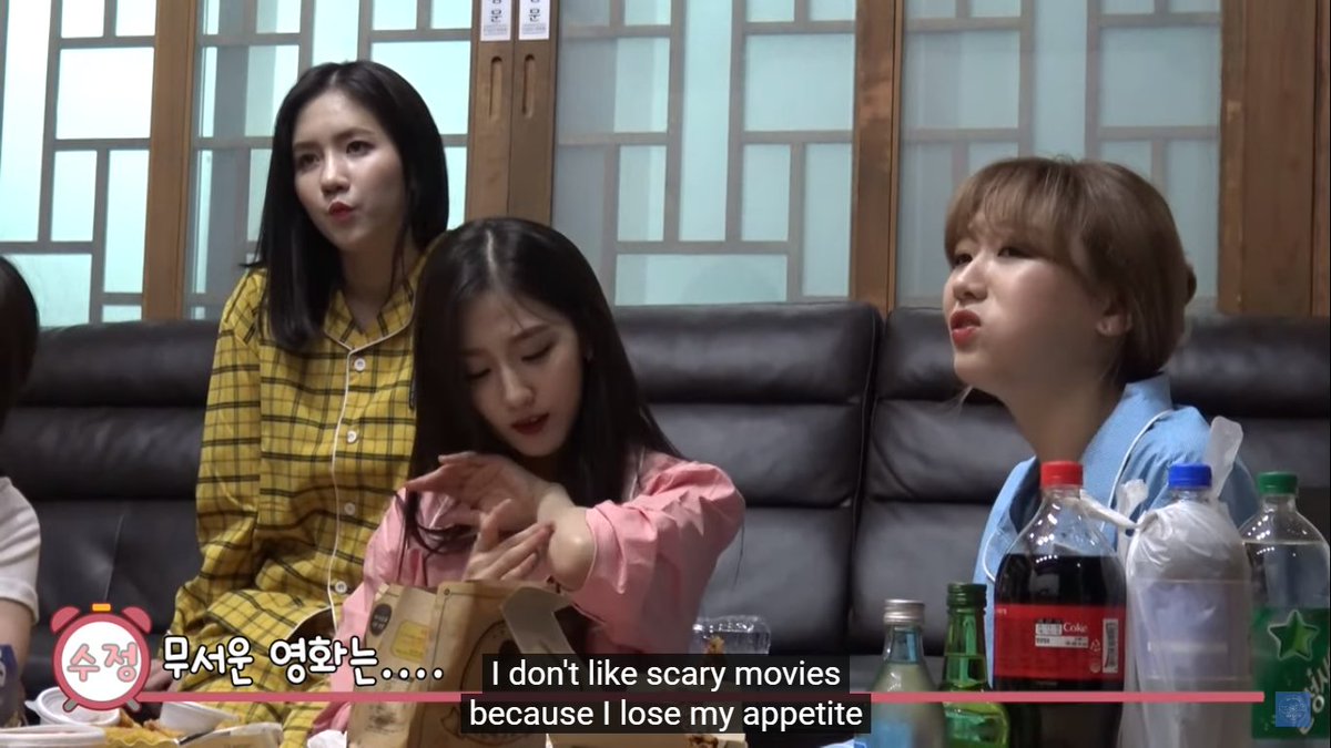 sujeong does not like scary movies because it makes her lose her appetite  she's so cute, what a pure babie