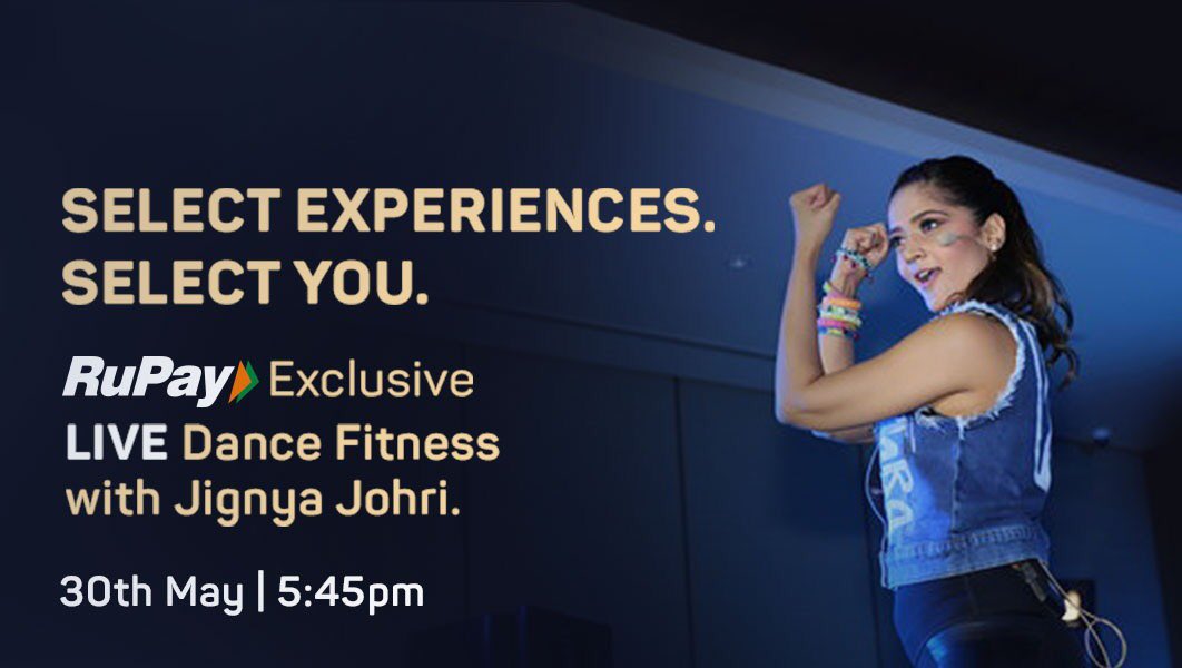 RuPay_npci's tweet photo. Dance your worries away with RuPay Select! We bring you LIVE Dance Fitness session with Jignya Johri on 30th May at 5:45 PM!To register for this and more such sessions,visit https://t.co/P7Wqs6qmCg #StayFitIndiaChallenge #RuPaySelect #SelectExperiences #SelectYou #OneLifeOneRuPay https://t.co/Zdf53PlmqY
