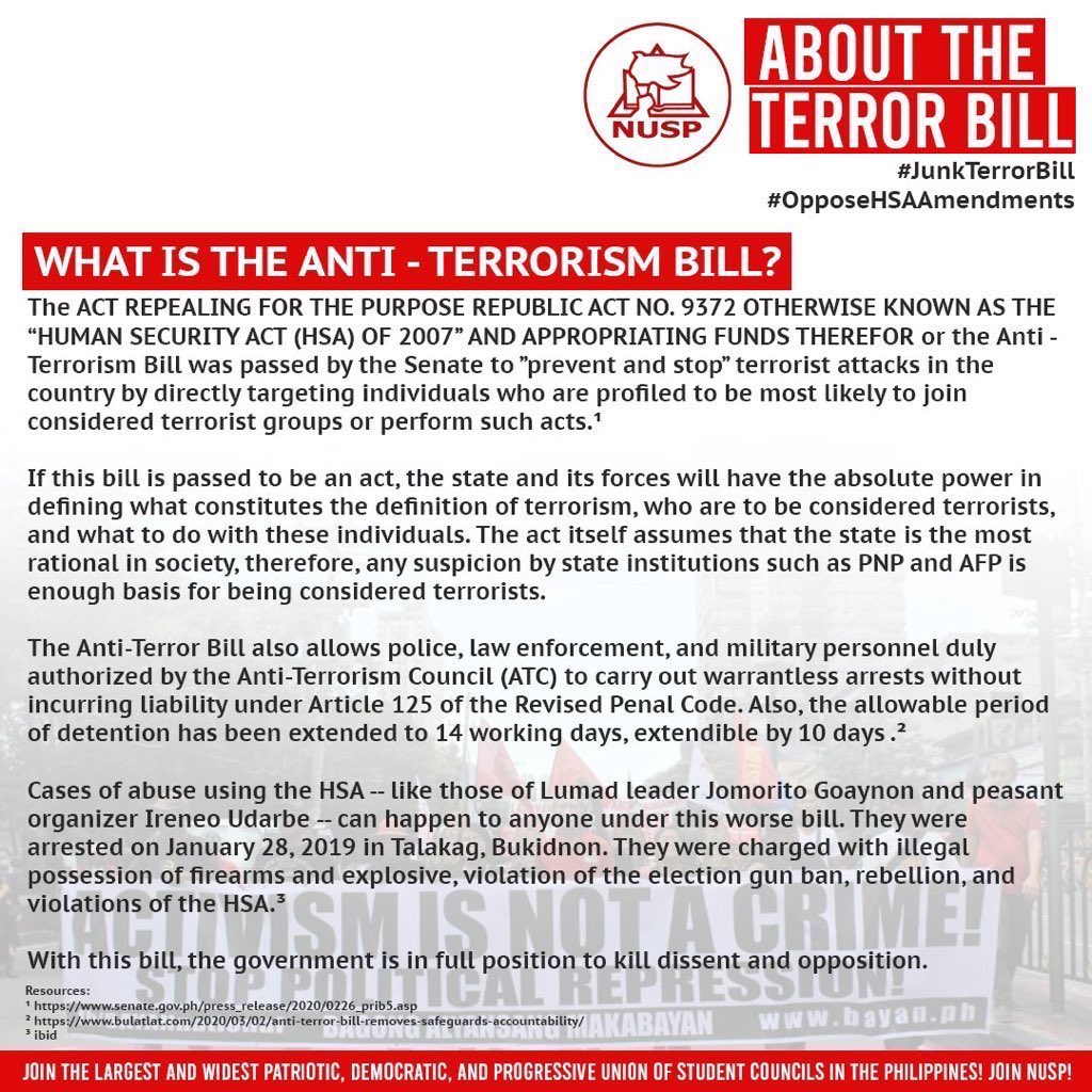 Let me get this straight: this bill is not really built against the real terrorists, but is an act of silencing the masses synonymous to red-tagging.