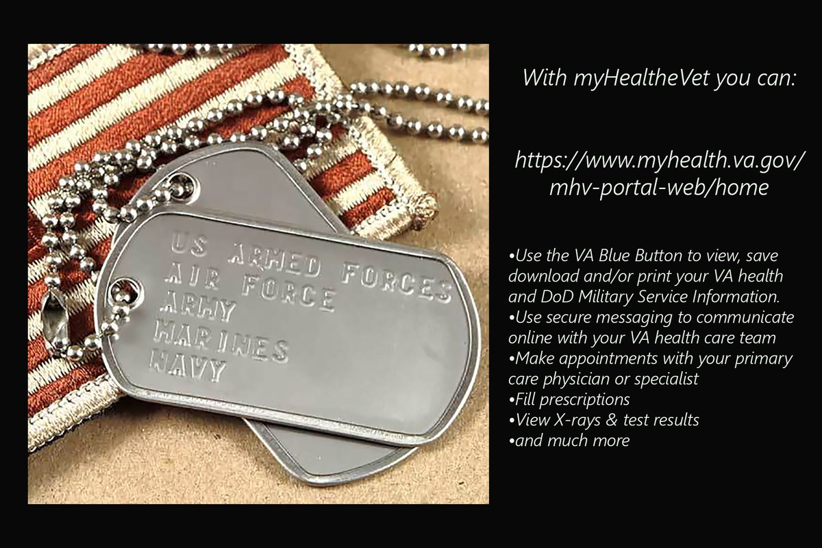 12/ With myHealtheVet you can: myhealth.va.gov/mhv-portal-web… •Use the VA Blue Button to view, save download and/or print your VA health and DoD Military Service Information. •Make appointments with your primary care physician or specialist •Fill prescriptions •and much more