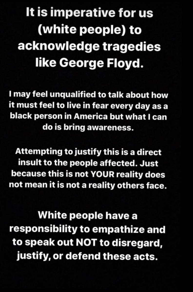 Know your placeAs a white woman, I’m aware of my unjust white privilege. That said, I will always use it to spread awareness of the injustice towards the black community. If your race is not the target of such brutality, DO NOT justify how black people should act in retaliation.