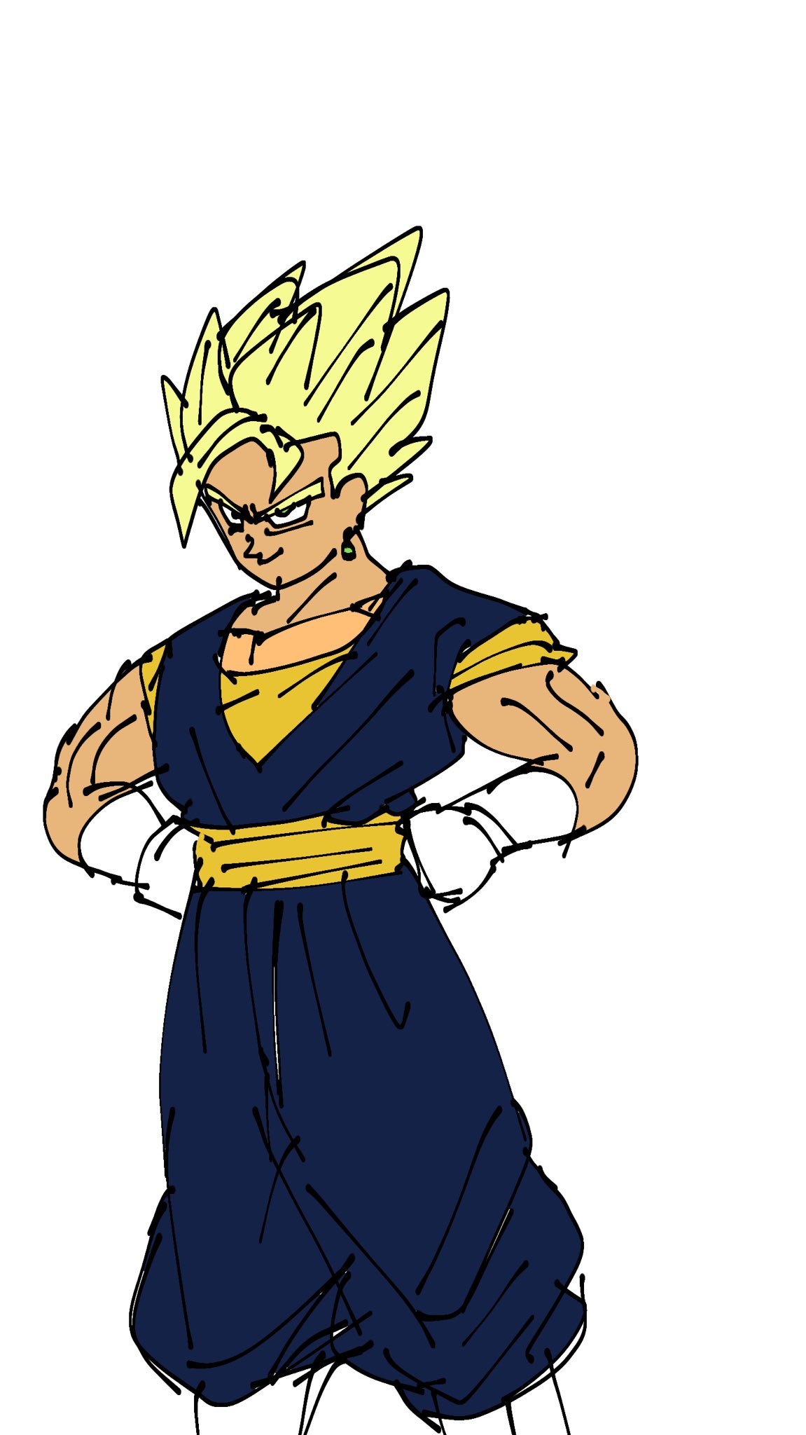 Snsお絵描きマン 鳥山さんがベジットのカラーを描いてたらこんな感じだったのかなあという妄想 ポタラの色はコミック表紙から 肌は悟空のように浅黒くなりそうな気がします 帯も青系じゃなかったかもなあって