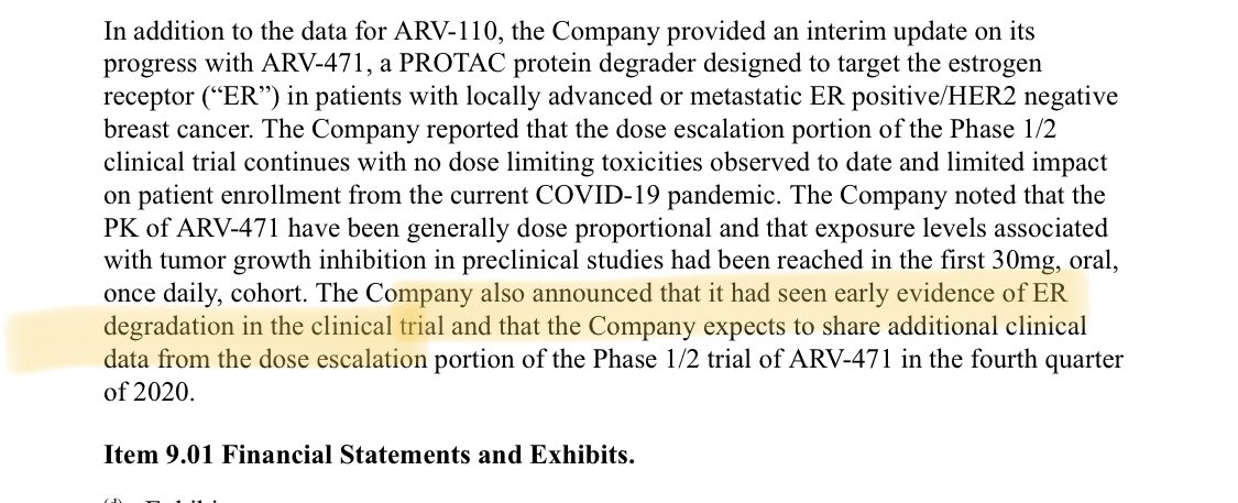  $ARVN mentions AR471 snippet in PR. (Not being presented at ASCO, so why try to one up the lead 110 unless trying to detract from poor data)Regardless, data this far characterized as “early” evidence of ER degradation. So no objective responses there either?