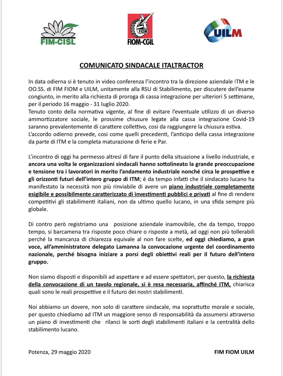 UilmBasilicata's tweet photo. COMUNICATO SINDACALE Fim Fiom #Uilm
#ITALTRACTOR https://t.co/vOybN1uzJI