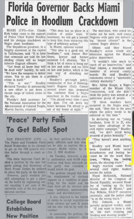 6/ Here is an actual news report from Dec. 1967 reporting on Headley's “when the looting starts, the shooting starts” line: