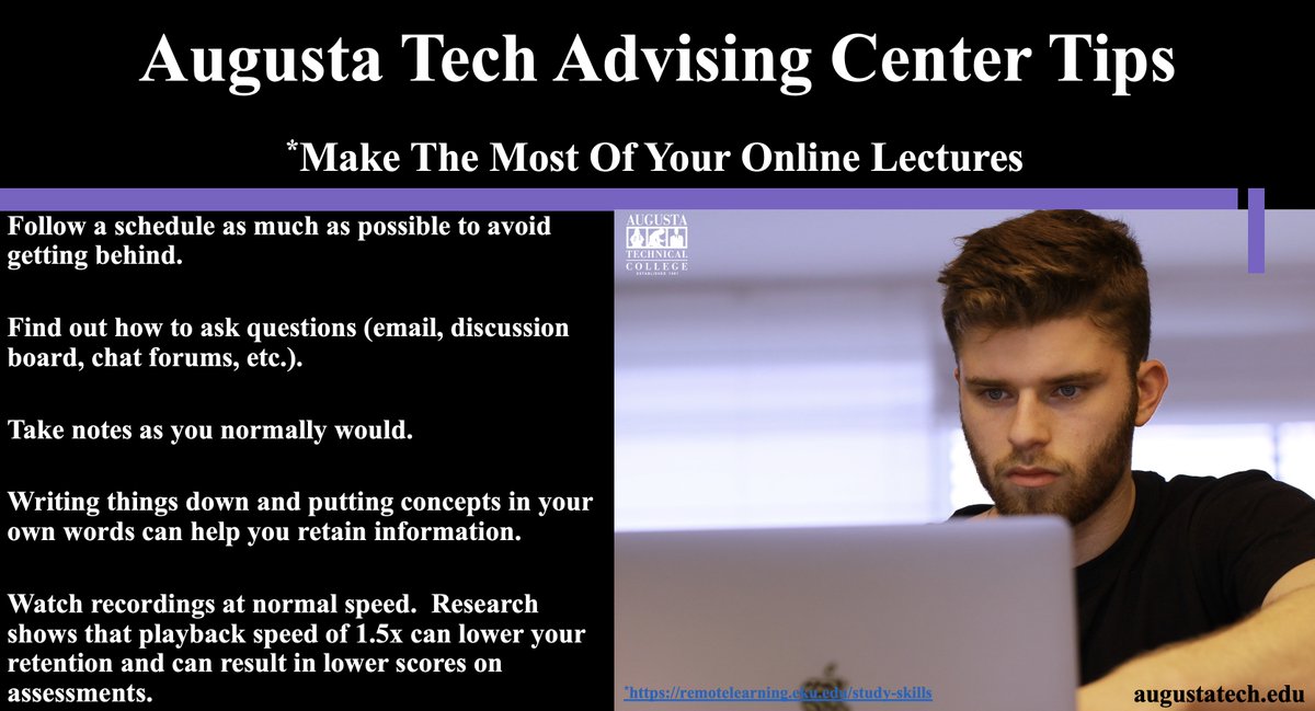 AugustaTech1's tweet photo. Summer semester is right around the corner! The Augusta Tech Advising Center has a few tips to help you make the most of your online lectures. #AugustaTechOnline #AugustaTechAdvising https://t.co/LH0A6CSClx