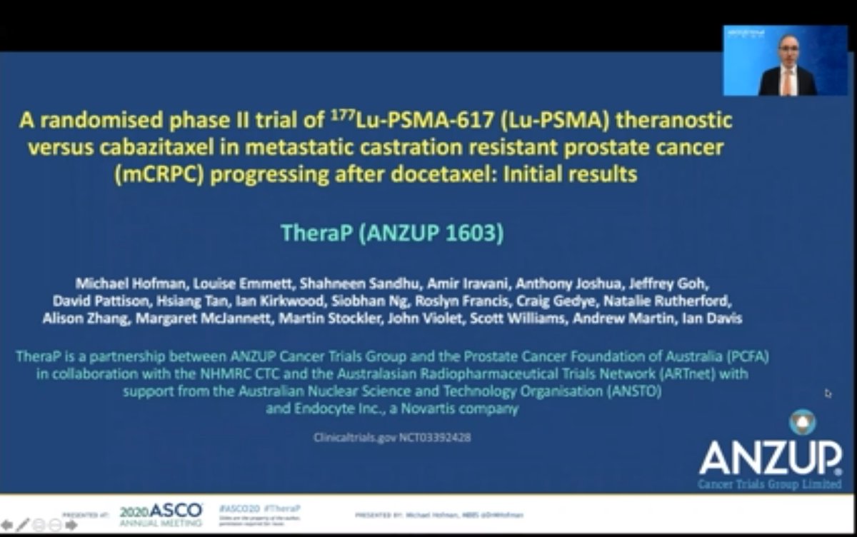 ANZUPtrials's tweet photo. Congrats @DrMHofman on #ASCO20 #TheraP @ANZUPtrials oral presentation. More men with mCRPC had PSA decline >50% with Lu-PSMA vs cabazitaxel (66% vs 37%). Well done to all involved @PCFA @MovemberAUS @ANSTO @adacap_news @TrialsCentre @gentlemansride @CancerAustralia @PeterMacCC https://t.co/uVuJMo6oxJ