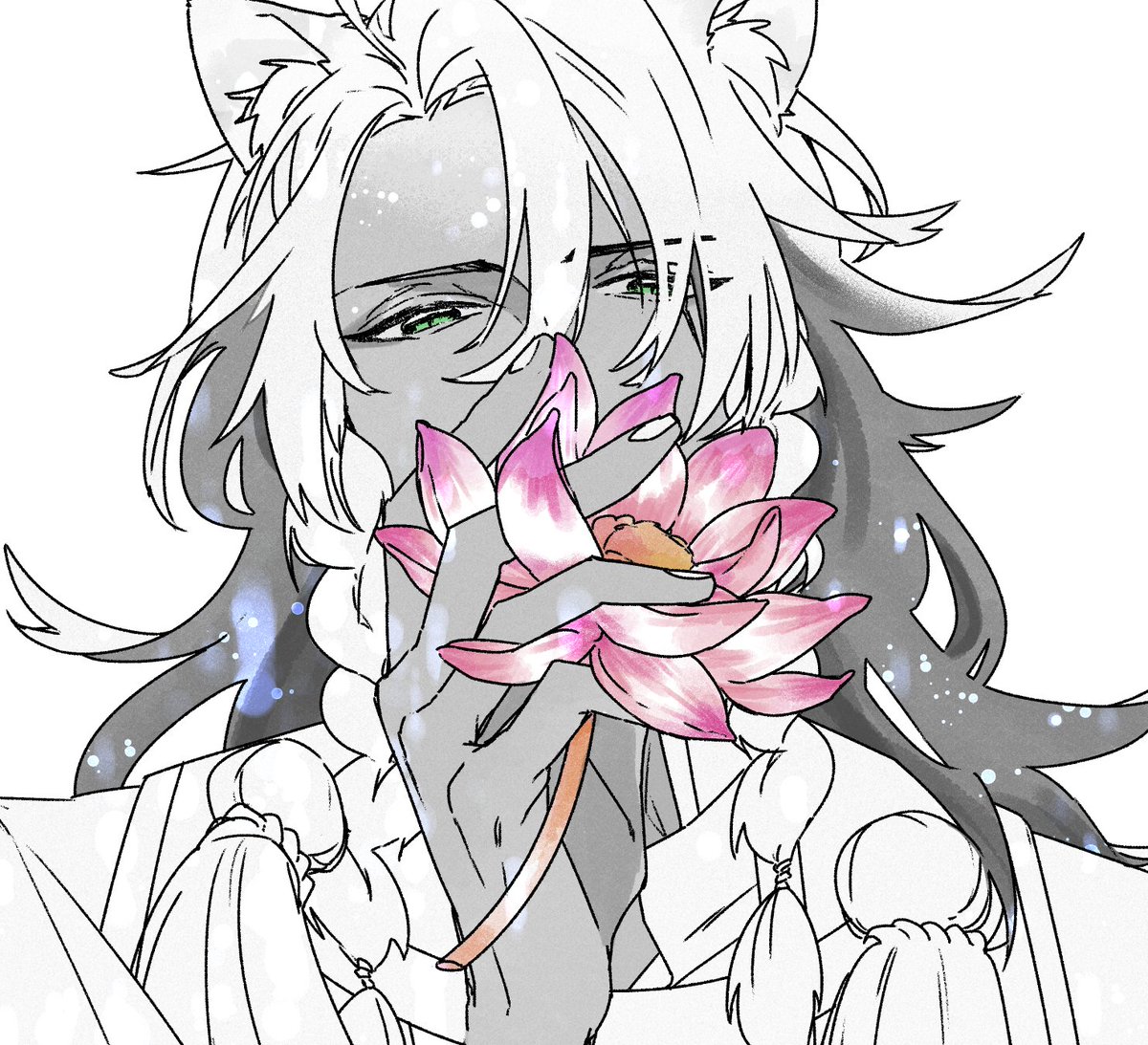1boy flower male focus holding flower animal ears solo lotus  illustration images