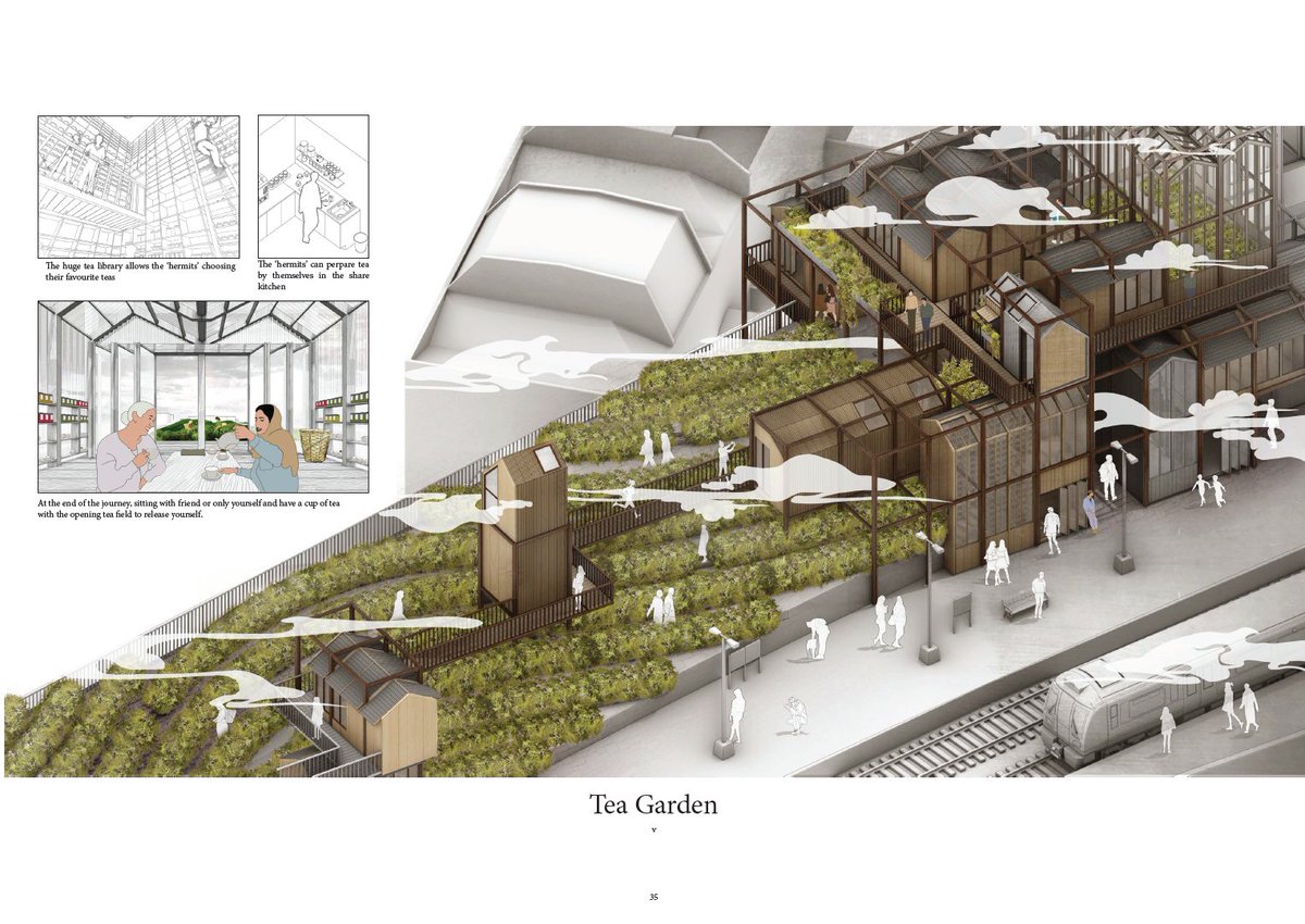 CamdenHighline's tweet image. Yutian Xiang&apos;s @tim1994722 proposal for a tea experience combines spaces to host tea ceremonies and fields for locally produced tea on the abandoned tracks. 

#bartlettschoolofarchitecture