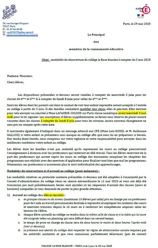 clg_Roseblanche's tweet photo. Bonjour à tous,
Réouverture du @clg_Roseblanche pour les élèves volontaires de 6ème et de 5ème le 3 juin; à partir du 8 juin pour les autres niveaux selon modalités détaillées ci-joint.
#noussommesprêts
@Academie_Paris @Mairie17 https://t.co/EDElUHP7xf