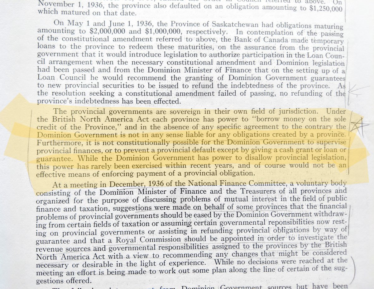 And so caution there was. Canada’s prospectus for $85 million bond issue in 1937 included a c.37,000 word statement on the Dominion’s exposure (or lack thereof) to overspending by the provinces. Blow-by-blow on the Alberta default. No constitutional obligation here, folks!