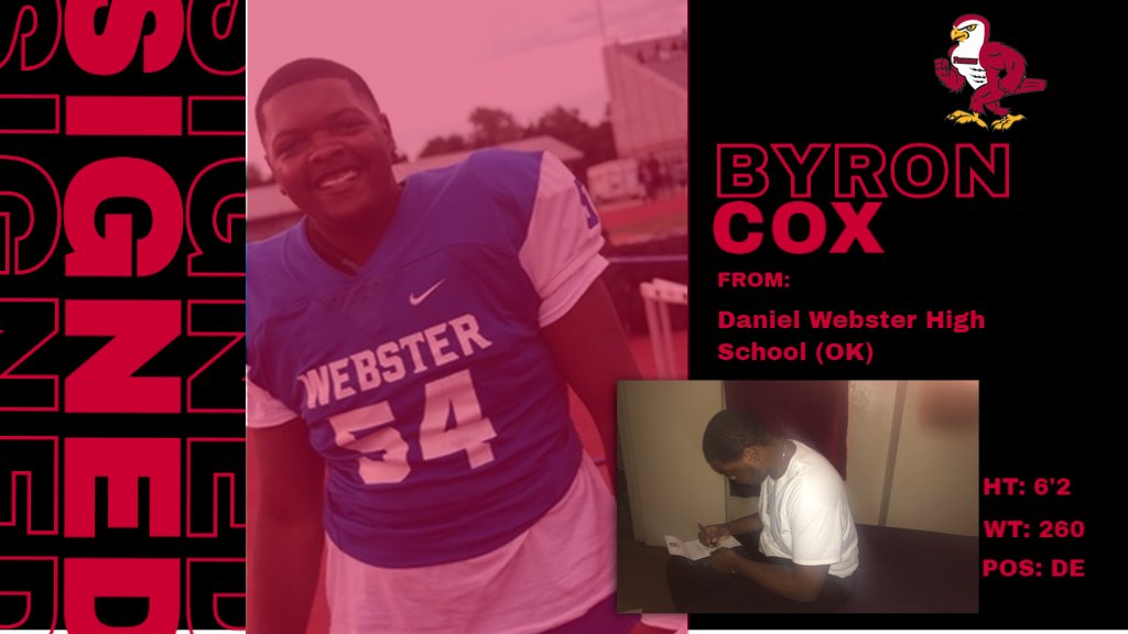 FalconsFU's tweet photo. @FriendsGridiron would like to welcome @byroncox54 Byron Cox, DE from Daniel Webster High School (Tulsa, OK)  to the 2020 Friends University Falcons!
#ComeFlyWithUs https://t.co/BYzNIRpsP5