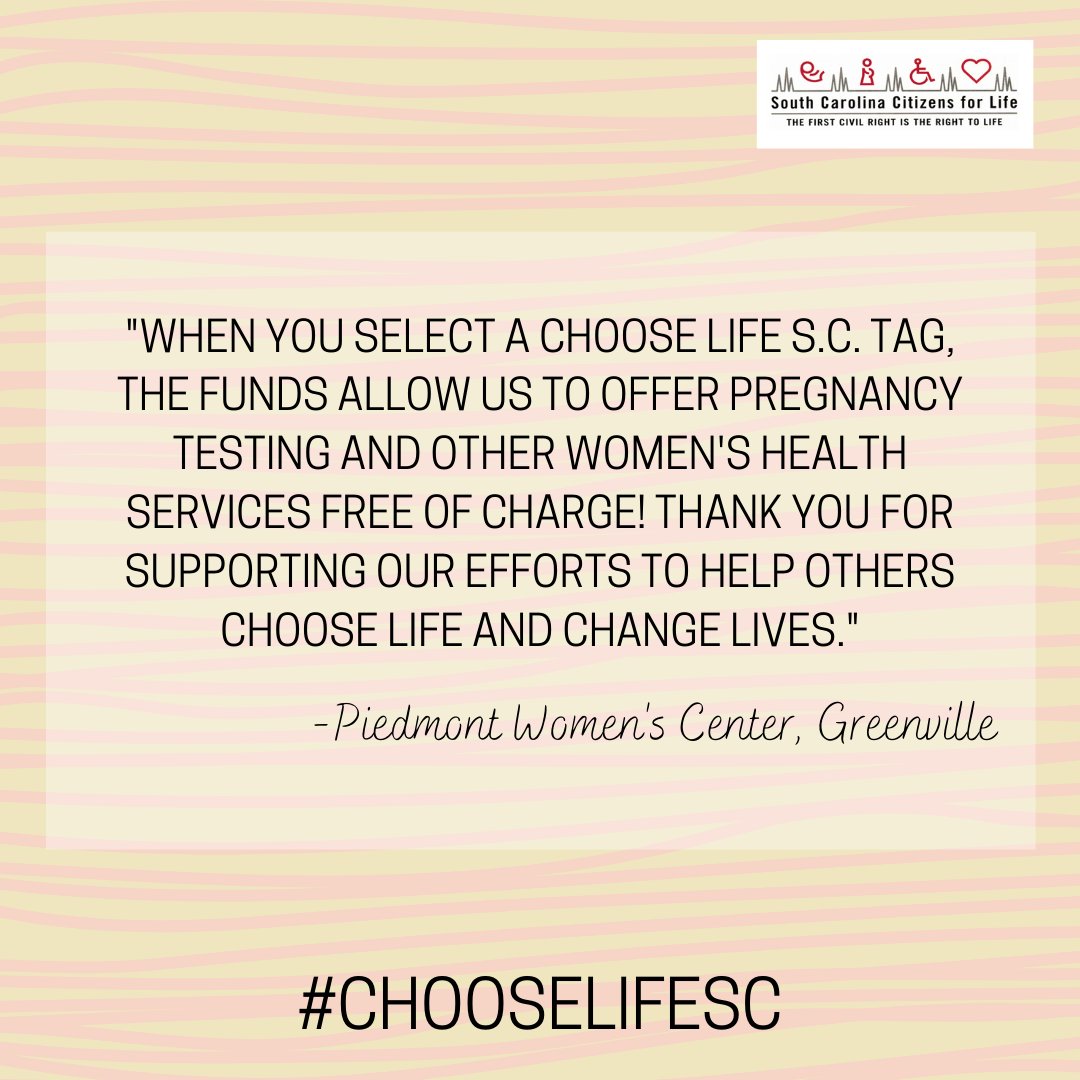 LIFEforSC's tweet photo. "We are so thankful for the Choose Life S.C. car tag program. When you select a Choose Life S.C. tag, the funds allow us to offer pregnancy testing and other women's health services free of charge!"

@PWCProlife #ChooseLifeSC #ChooseLife #SCAPCC #SCCL #PCC #PRC #SCDMV https://t.co/JVKFq6FSDc