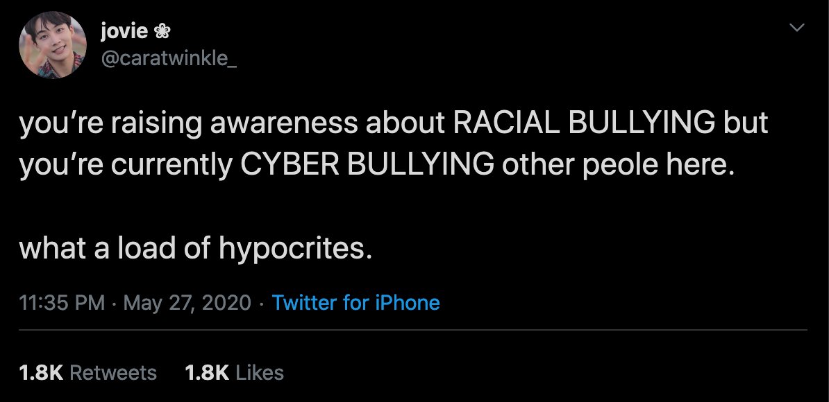 1. @/caratwinkle_ - downplaying the actual situation and implying that people asking others to use their platforms to help black voices is "cyberbullying". a man was murdered for being black, he wasnt being bullied, he was killed.