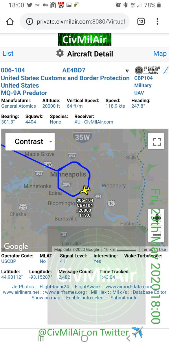 CivMilAir's tweet image. ⚠ Predator drone at 20,000ft operating over #Minneapolis

🇺🇸 US Customs &amp;amp; Border Protection
MQ-9 Predator
006-104 CBP104