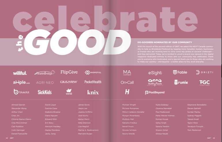 NEXT_Canada's tweet photo. Surprise! We launched another spread in #GRITMag celebrating the purpose-driven people &amp; businesses nominated for our #CelebrateTheGood community. 

Can you find your name or venture? https://t.co/evC5psFuYg

#NEXTCanada https://t.co/mRXEjflGwC
