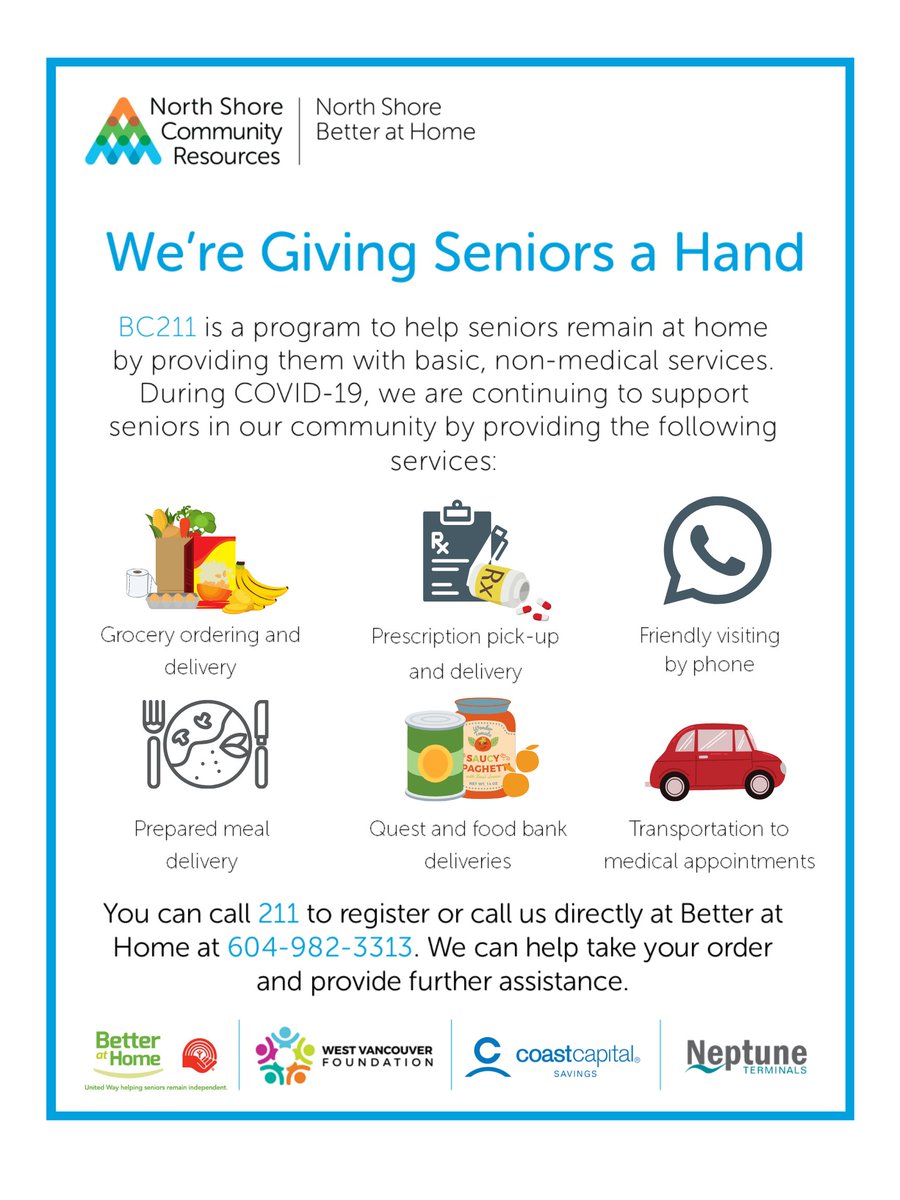 NSCRConnect's tweet photo. We're giving seniors a hand. The BC211 program helps seniors remain at home by providing the below services. To register or learn more, call 2-1-1.
#bc211 #seniors #northshore #community https://t.co/e2WULBF3WF