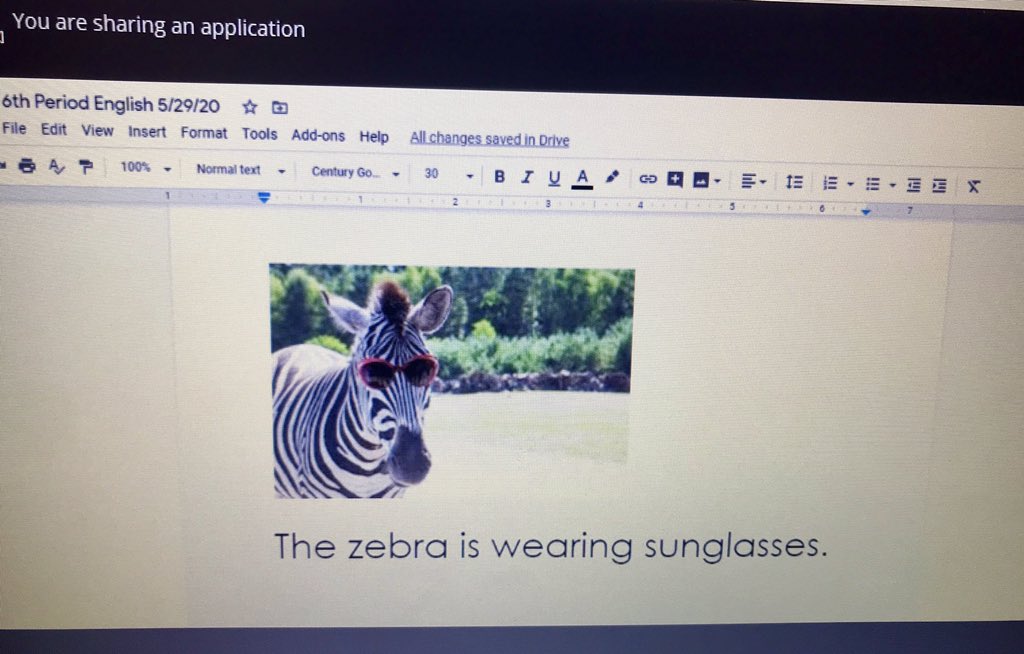 ExceptionalKJMS's tweet photo. In 6th period English we worked on arranging words to make a sentence and then used picture prompts to compose our own sentences. What do you think of our zebra?? 🦓😎😂
#ExceptionalEagles #distancelearning @Lanier_MS https://t.co/8vAPDhG7pn