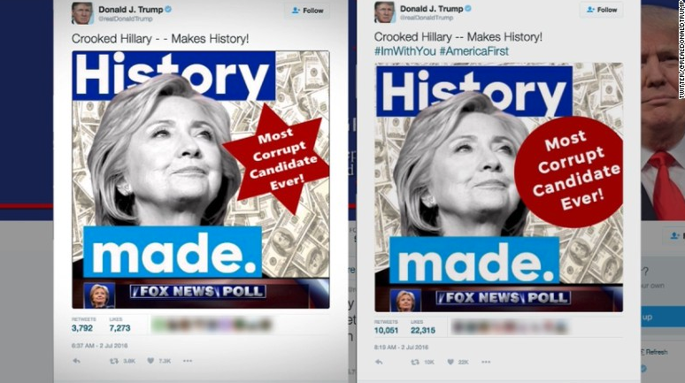 2016:Trump posts tweet of Hillary Clinton behind hundred dollar bills and a star of David, deletes the tweet, replaces it with the same picture but with a circle. https://www.cnn.com/2016/07/04/politics/donald-trump-star-of-david-tweet-explained/index.html