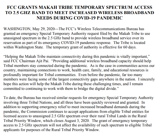 AjitPai's tweet image. Connectivity is critical during #COVID19, nowhere more so than on Tribal lands. Pleased to announce @FCC's granted Makah Tribe of Washington State access to 2.5 GHz spectrum to aid in emergency response. An important step to help bridge #digitaldivide! docs.fcc.gov/public/attachm…