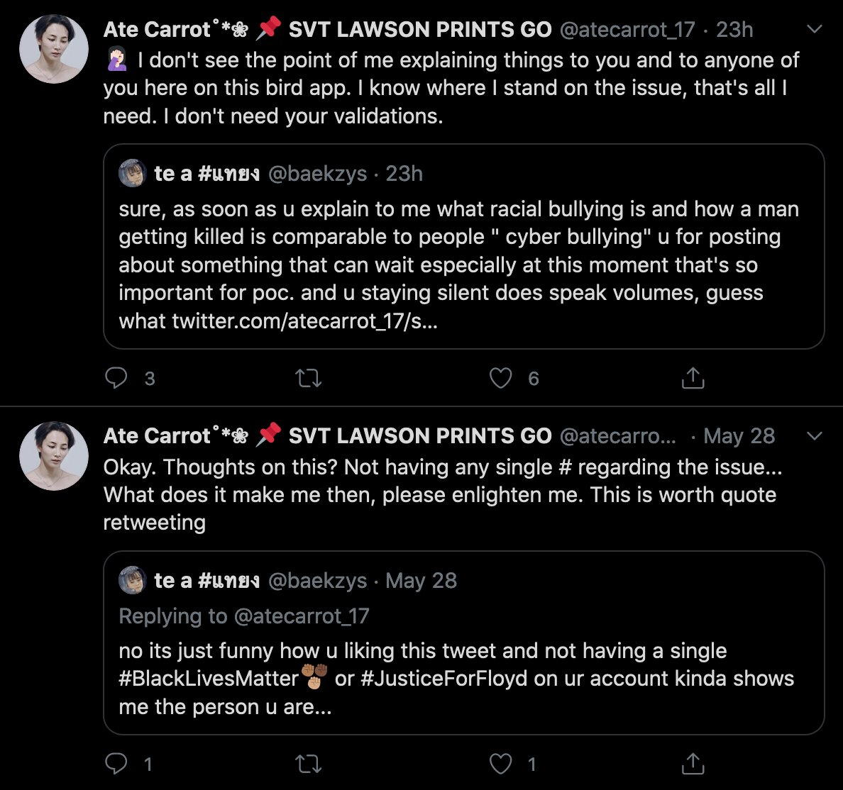 2. @/atecarrot_17 - agreed with the person above. they've tweeting nothing about blm and said their tweets show how they stand on the movement. they've tweeted nothing in support. too many of you follow them.