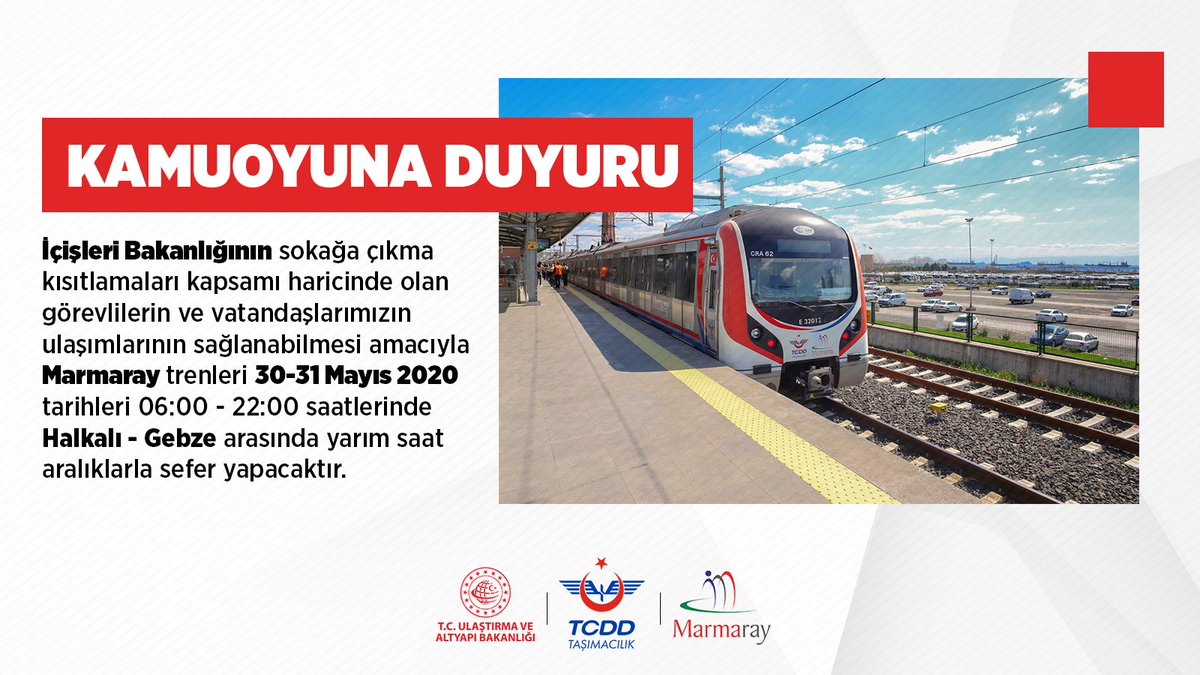 Marmaraytcdd's tweet photo. 📍Marmaray🚇

📍Sokağa çıkma yasağı dışında kalan görevli ve vatandaşlarımızın ulaşımı için👮👱

📍30-31 Mayıs 2020 tarihlerinde 🕕06.00-22.00🕙 saatleri içerisinde

📍Halkalı-Gebze arasında yarım saat aralıklarla hizmet vermeye devam edecektir. 🚇

#EvdeHayatVar https://t.co/GoMR8jmWec