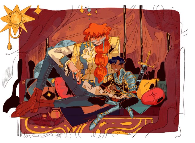 Little illustration with the redhead archivist I had in mind for some times ?✨Also I never drew the second character of this story so ⚔️
(Trying some looser technique cause I don't have any patience for  eavy stuff anymore :B side effect of being storyboarder I guesss-) 