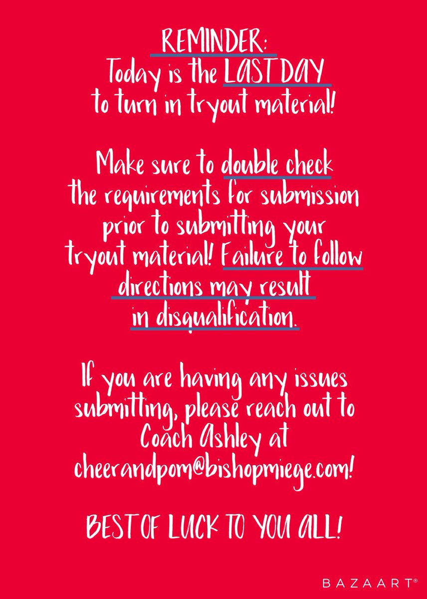 It’s tryout day! Double check that you are following directions before submitting. If anyone is having technical difficulties due to file sizes, please let Coach Ashley know immediately so she can help you. Any submissions sent in after 7 pm will not be accepted. Let’s go Stags!
