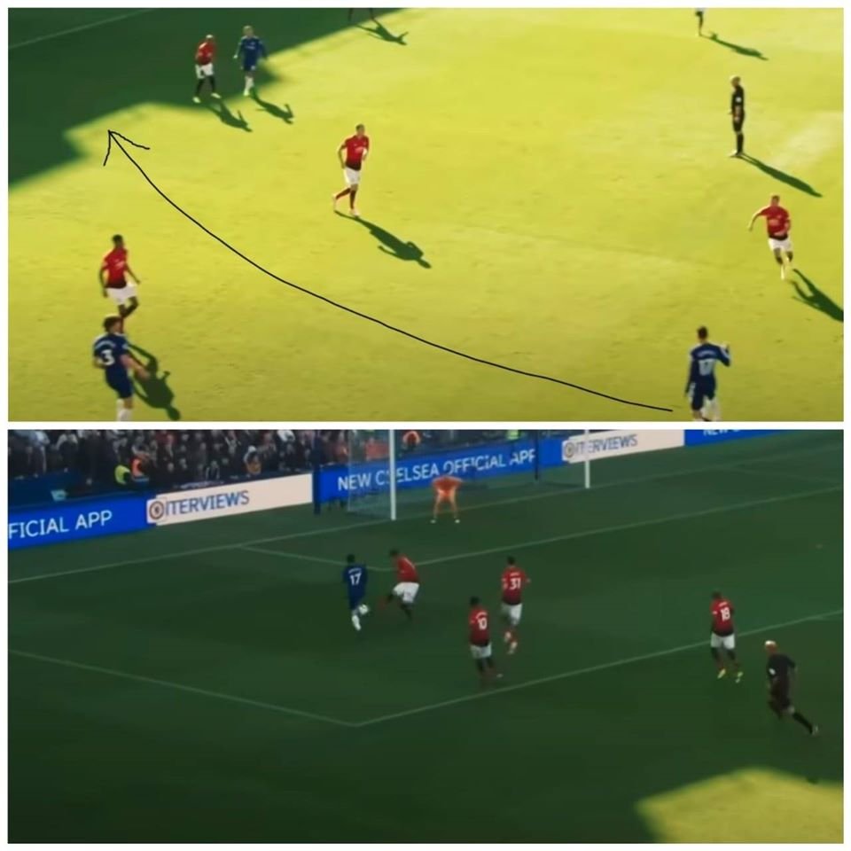 A collage of two snapshots from Chelsea's last season's game against Man United at Stamford Bridge. After receiving the ball, he runs through the gap and carries the ball to United's penalty box.