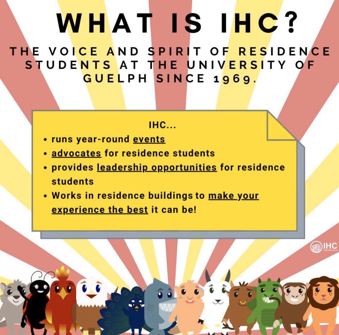 InterhallGuelph's tweet photo. Students often ask, “What is Interhall Council (IHC)?”. IHC is a student government that acts as the voice and spirit of residence students. IHC advocates, provides opportunities, and runs events for residence students! https://t.co/rJQ8orGssH