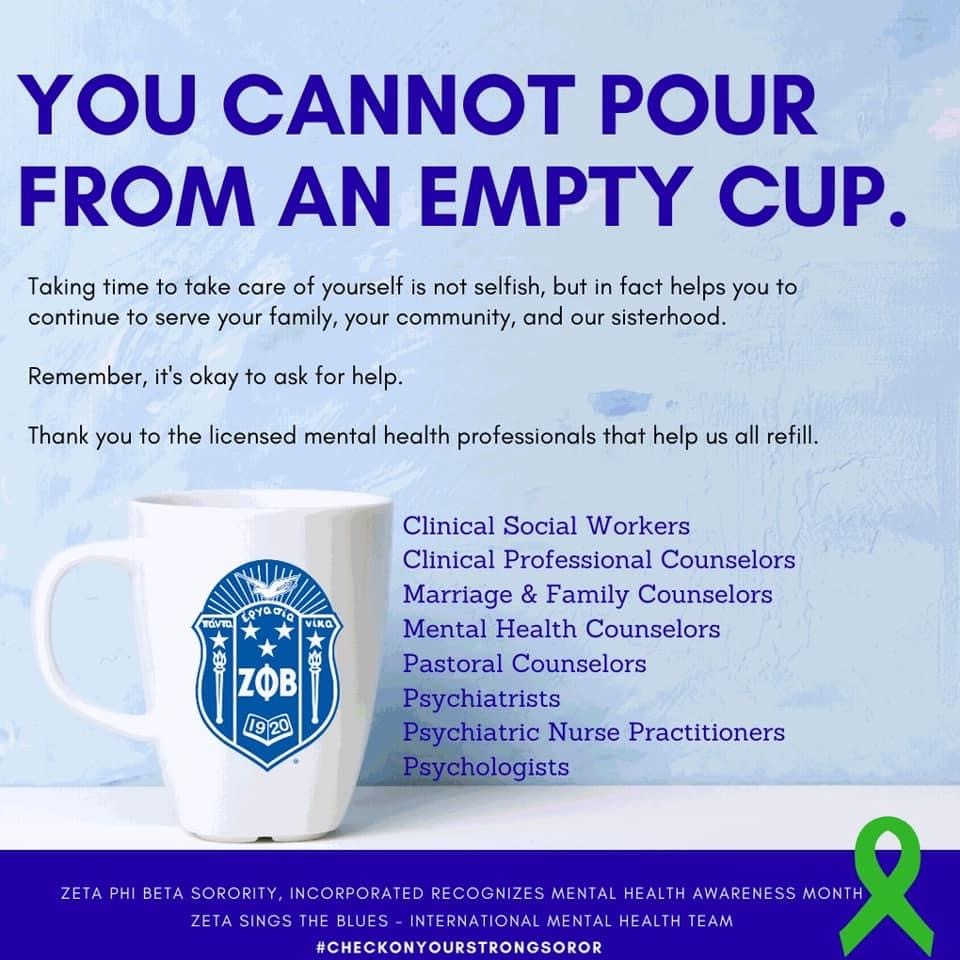 CaryZetas's tweet photo. It is true! You cannot pour from an empty cup. Take time to replenish yourself as you continue to pour into others. 

#zetaphibeta #zphib2020 #mentalhealthmatters #mentalhealthawarenessmonth #zetasingstheblues https://t.co/QzPeJ2dJvk