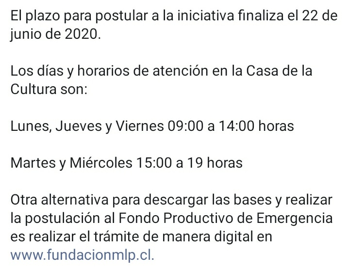 MUNI_ILLAPEL's tweet photo. 🔵SE INICIA LA ATENCIÓN PARA LO(A)S INTERESADO(A)S EN POSTULAR AL "FONDO PRODUCTIVO DE EMERGENCIA" DE ILLAPEL 
Desde hoy en la Casa de la Cultura de Illapel (O’Higgins Nº 280)
📍Bases en: https://t.co/II4X9qMo3w

#COVIDー19Chile https://t.co/pQiKPGyhWm