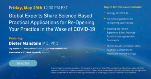 BlossomInnov's tweet photo. Join Cynosure LLC, our founders, Dr. Dieter Manstein, Dr. Henry Chan, &amp; other experts at 12:00pm est today, to hear science-based practical applications for re-opening your practice wake of COVID19 - including detailing the patient experience. #COVID19 
https://t.co/pVQhtcfr5d https://t.co/3z4lYfCKCb