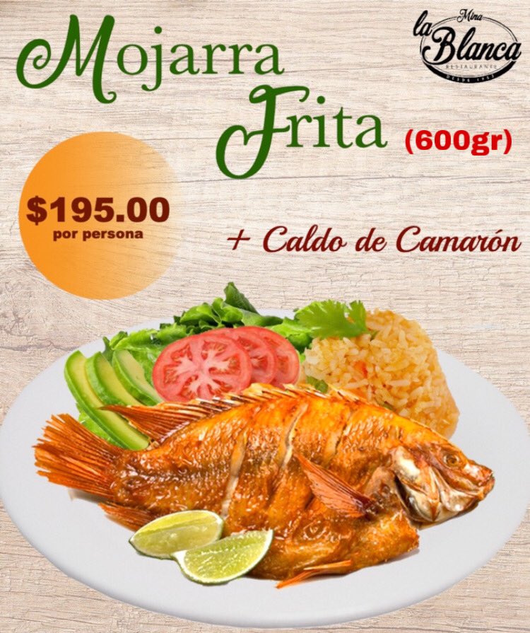 Rest_lablanca's tweet photo. Sabrosa MOJARRA FRITA (600grs) Acompañada de arroz y ensalada, más un rico caldo de camarón 🦐 $195.00. 
Solo este Viernes 29 y Sábado 30 de Mayo.¡Aparta la tuya que se acaban!
Contamos con servicio a domicilio. Pedidos Vía WhatsApp 📲7711497271. #QuedateEnCasa https://t.co/H80WPaBQoH