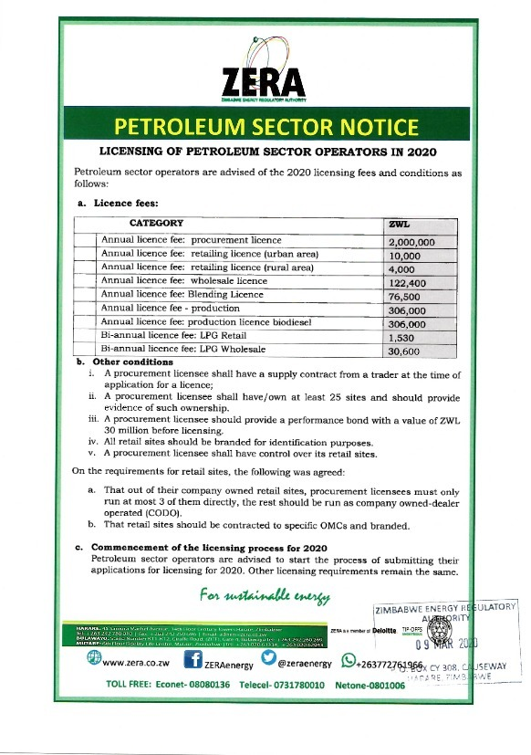 13/ Under s32 of the Energy Regulatory Act, “license” is for procurement, wholesaling, retailing or production. There are 5 categories of petroleum licensees: i. Productionii. Blendingiii. Wholesaleiv. Procurementv. Retailing (Urban&Rural)  https://www.zera.co.zw/electricity3/ 