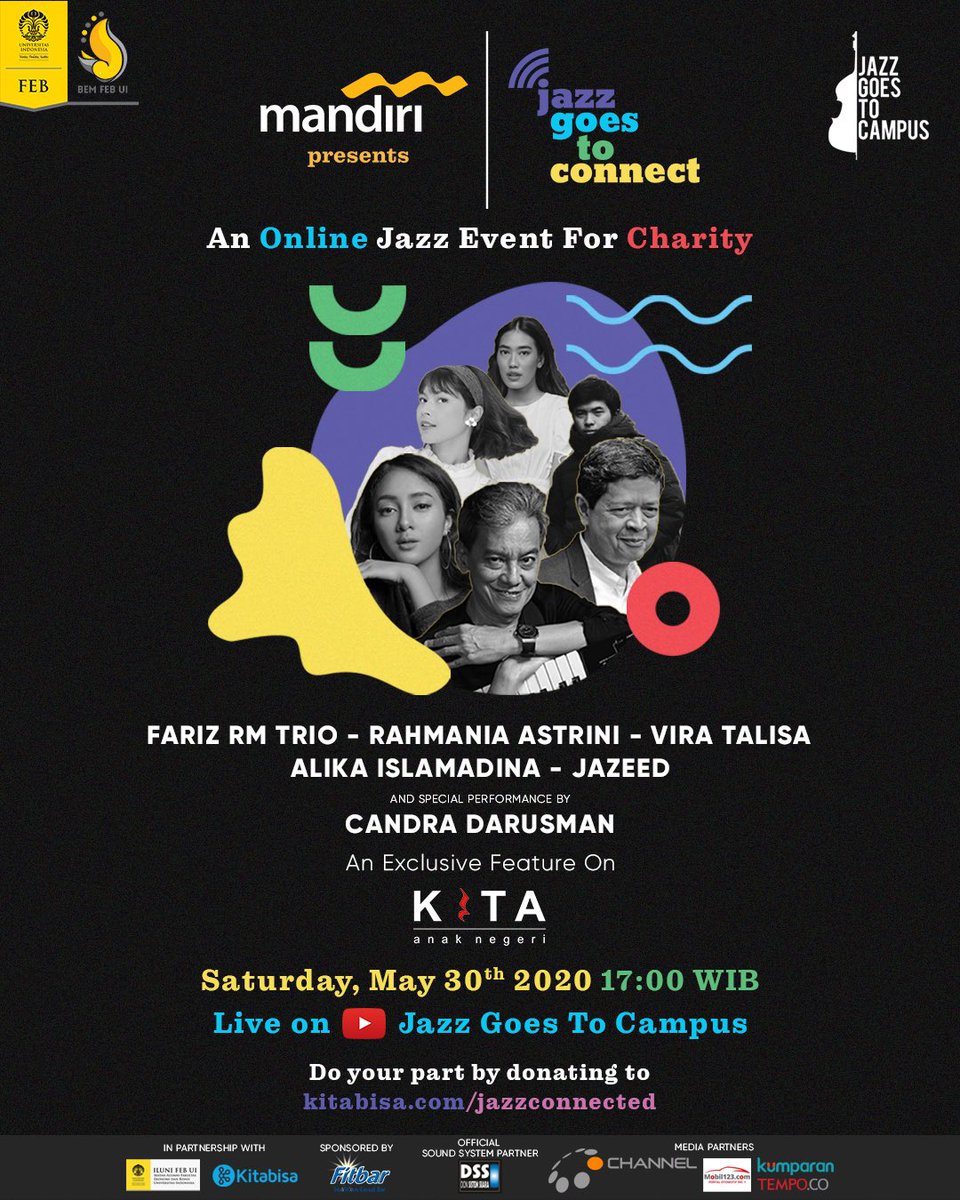JGTCfestival's tweet photo. Bank Mandiri proudly presents #JazzGoestoConnect, an intimate livestream concert for charity. With performances by Fariz RM Trio, Rahmania Astrini, Alika Islamadina, Vira Talisa, Jazeed, and a special performance by Candra Darusman and Kita Anak Negeri!

See you tomorrow! https://t.co/U8B8gEhc9B