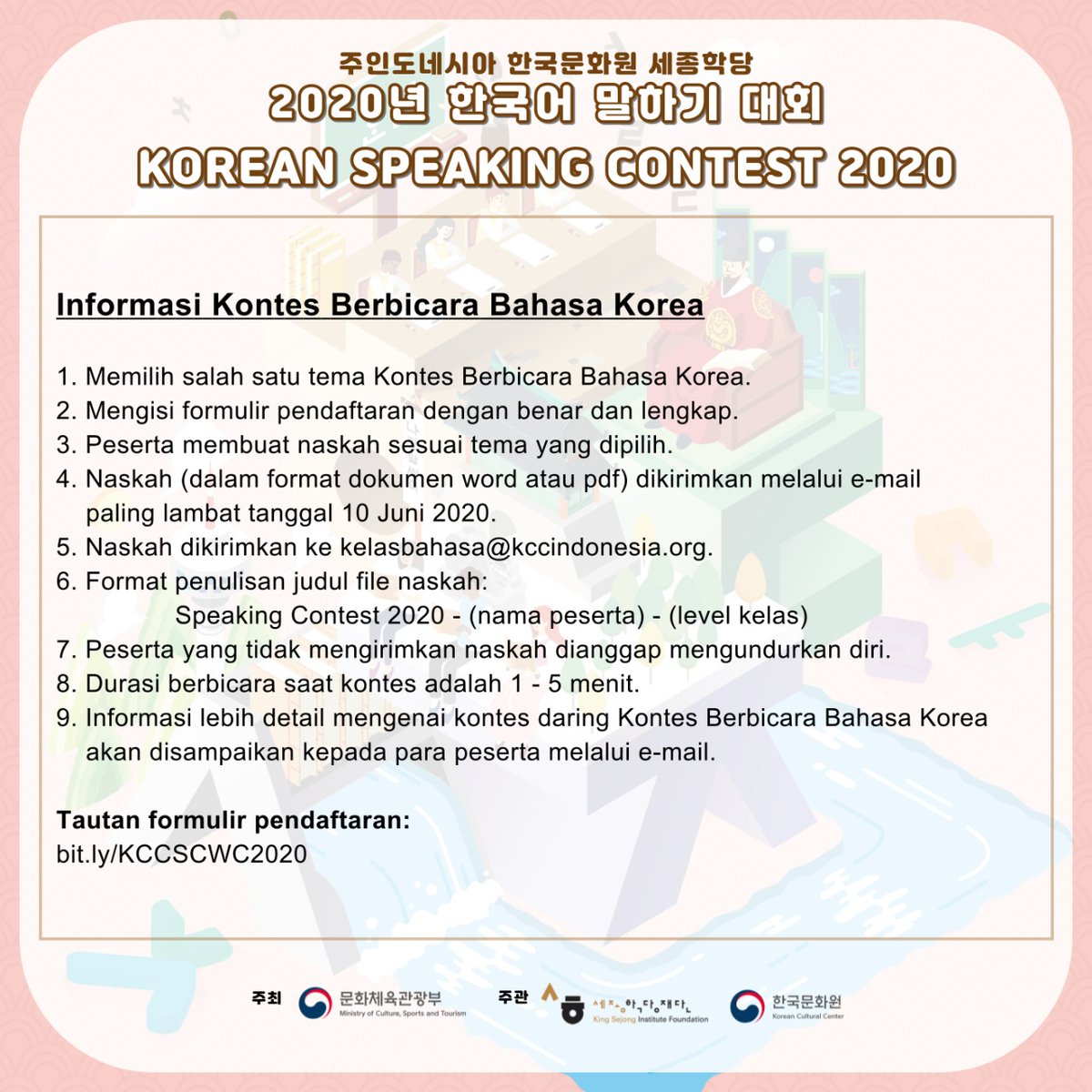 KCC_Indonesia's tweet photo. Informasi mengenai kontes ini dapat dibaca pada poster.
많은 신청 바랍니다. 감사합니다.
#KoreanSpeakingContest #KoreanWritingContest #한국어말하기대회 #한국어쓰기대회 #KelasBahasaKorea #KSIKCCIndonesia #KelasBahasaKoreaKCCI #세종학당 #세종한국어 #주인니한국문화원 #KCCIndonesia https://t.co/WaW57QV28b