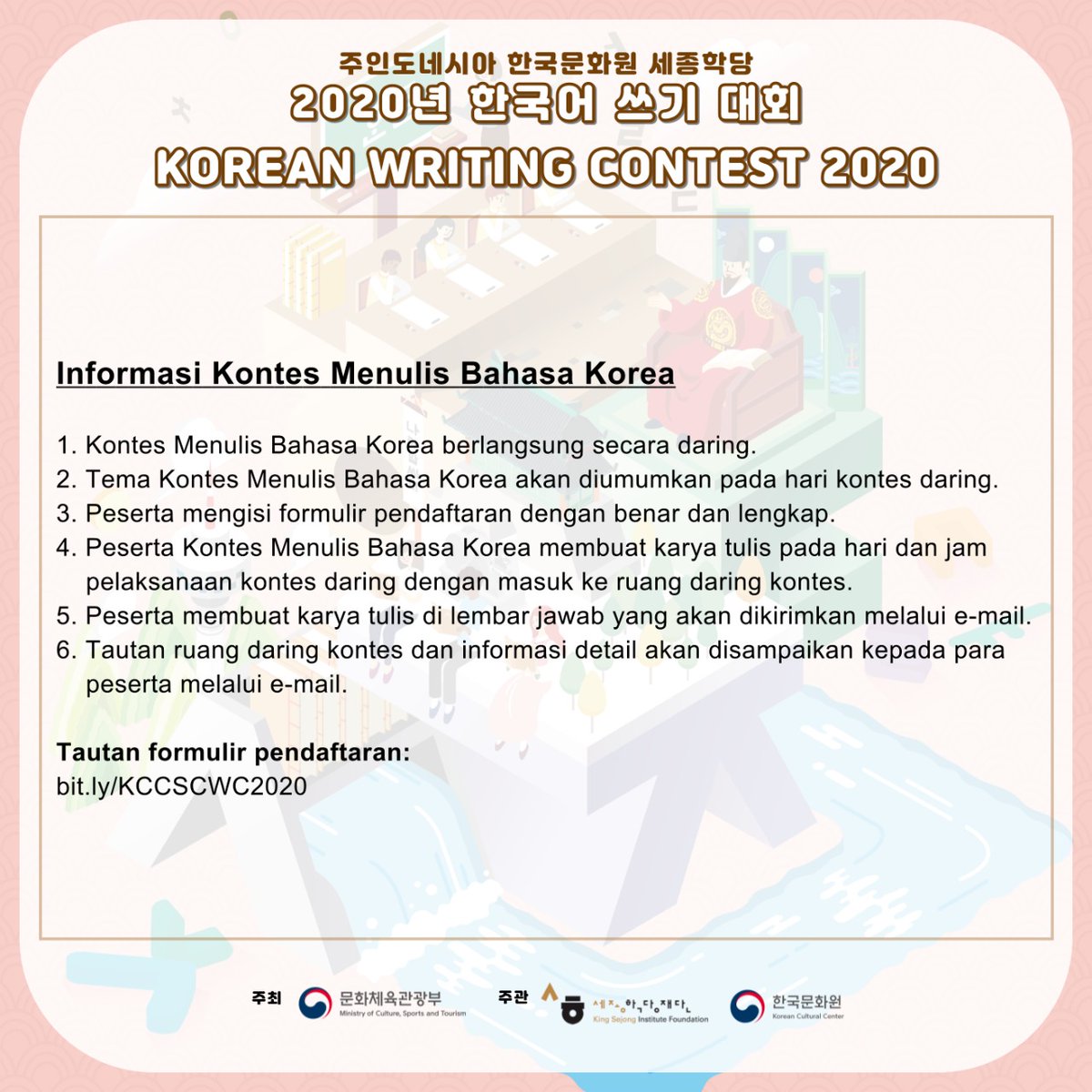 KCC_Indonesia's tweet photo. Informasi mengenai kontes ini dapat dibaca pada poster.
많은 신청 바랍니다. 감사합니다.
#KoreanSpeakingContest #KoreanWritingContest #한국어말하기대회 #한국어쓰기대회 #KelasBahasaKorea #KSIKCCIndonesia #KelasBahasaKoreaKCCI #세종학당 #세종한국어 #주인니한국문화원 #KCCIndonesia https://t.co/WaW57QV28b