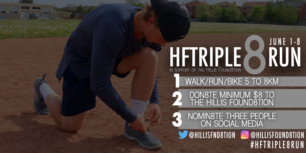 HillisFnd8tion's tweet image. Join @cam_hillis in the #HFTriple8Run between June 1-8 in support of @CTJumpstart!

1⃣ Walk, run or bike 5-8KM.
2⃣ Donate a minimum of $8 to #HF8: ctjumpstart.ca/hillisfound8ti… 
3⃣ Nominate three friends on social media to join the challenge. Make sure to tag @HillisFnd8tion!