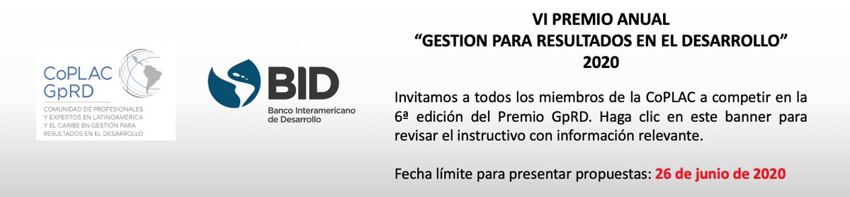 No olvides que ya ver el instructivo del VI Premio #GpRD 2020, el cual se llevará a cabo en el marco del VIII Seminario de la Red de #GobiernosSubnacionales

#GestiónPública #CoPLAC #GestiónPorResultados

<a href="/el_BID/">Banco Interamericano de Desarrollo</a>  @BID_GobernArte
 
bit.ly/3ewB126  bit.ly/2WE9feq