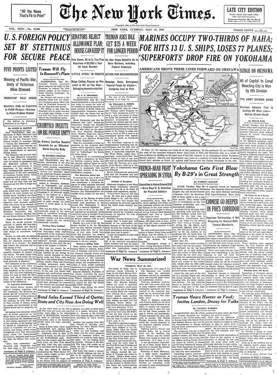 May 29, 1945: Marines Occupy Two-Thirds of Naha; Foe Hits 13 U.S. Ships, Loses 77 Planes; 'Superforts' Drop Fire on Yokohama  https://nyti.ms/36IQZDi 