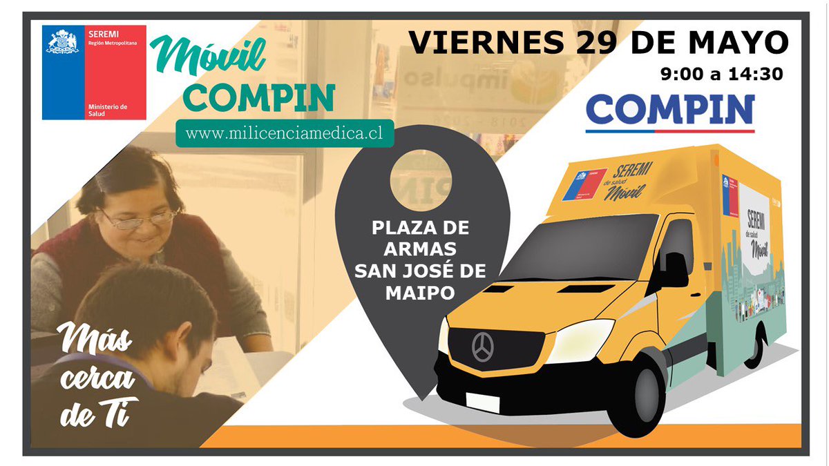 MuniSJdeMaipo's tweet photo. AHORA || En nuestra Plaza de Armas el #MovilCompin hasta las 14:30 hrs estará para ayudarte con la tramitación de tu licencia médica, aprobar o rechazar el período de reposo solicitado, entre otros!! No te olvides‼️ https://t.co/GzxdHmWjLw