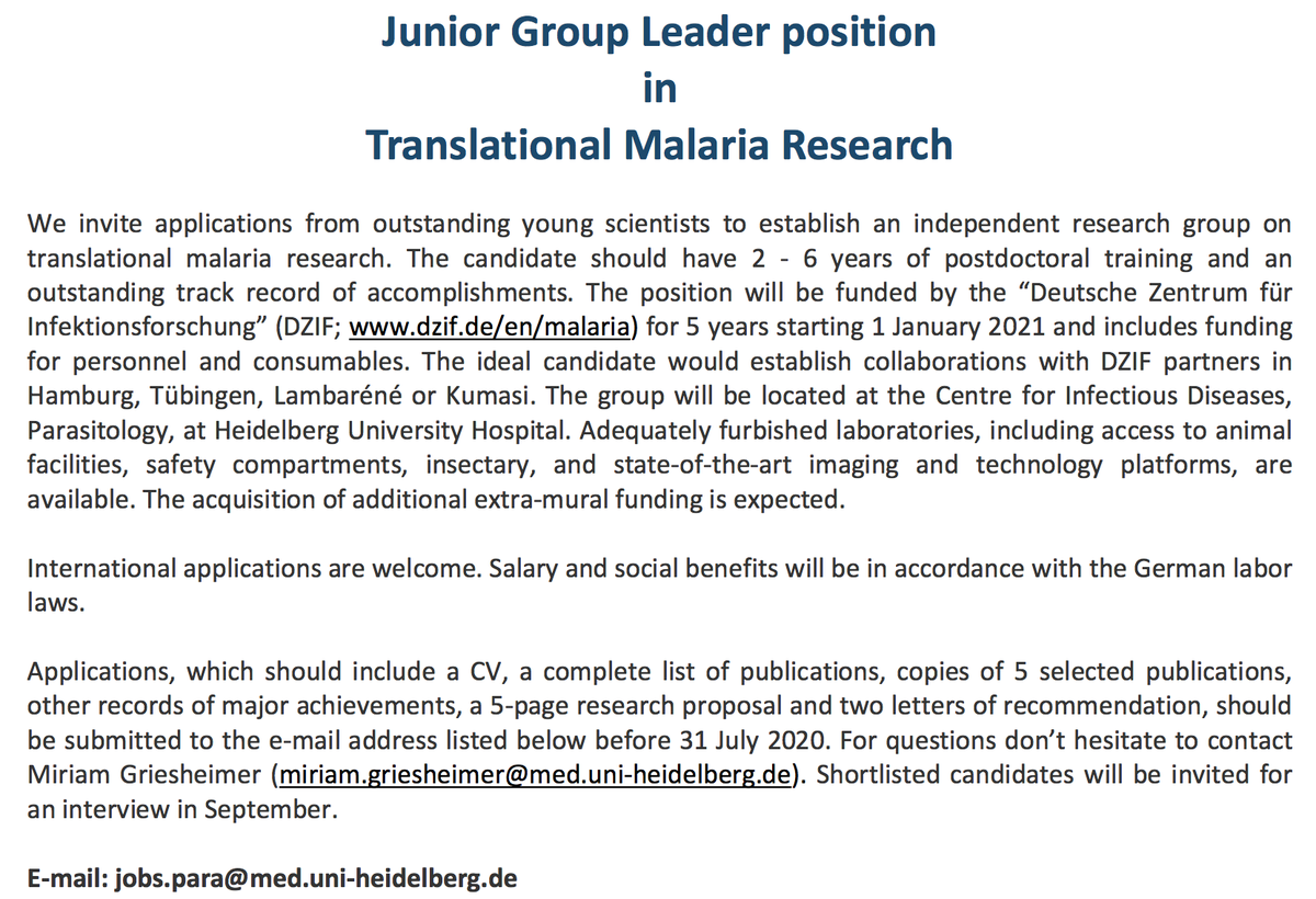 Junior PI position available in Heidelberg for translational #malaria research. Please see ukhd.de/parasitologie for details or contact me. Exciting possibility to launch your career as did the amazing @portugaLab - please RT.