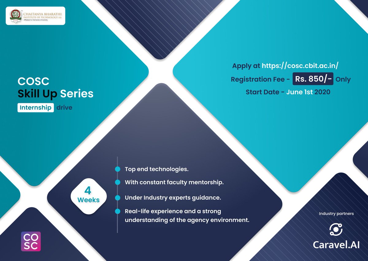 cbitosc's tweet photo. Hello Everyone!
CBIT Open Source Community (COSC) in collaboration with https://t.co/4LC8u9eRHW is recruiting project interns who will be implementing real-time projects under COSC Internship Drive.

Starts June 1st 2020
For more details visit our website. https://t.co/htZf8C02g2 https://t.co/wHsdEsD506