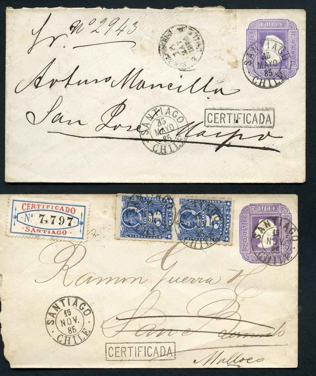sentrystamps's tweet photo. Stamps Missing #4
Chile 1885 5c stationery envelope sent registered and returned as acknowledgement of receipt. Top example with two stamps removed in transit (cancelled "SAN BERNARDO" over space where they used to be). Also similar cover with stamps intact. https://t.co/u9SG3gNtSd