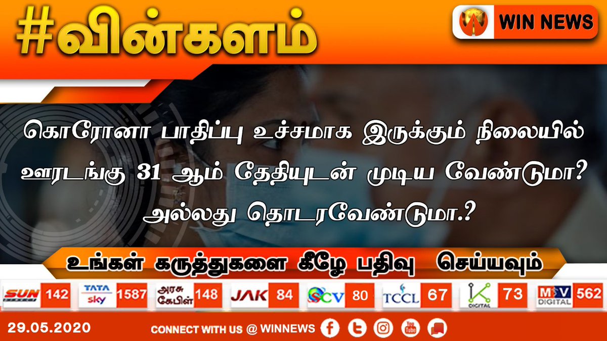WINNEWS_IN's tweet photo. #வின்களம்
கொரோனா பாதிப்பு உச்சத்தில் இருக்கும் நிலையில் ஊரடங்கு 31 ஆம் தேதியுடன் முடிய வேண்டுமா..? அல்லது தொடரவேண்டுமா.?
#coronavirus #LockdownEnd
#StayHomeStaySafe #WinKalam #WinNews https://t.co/Nv7JOKGWp2