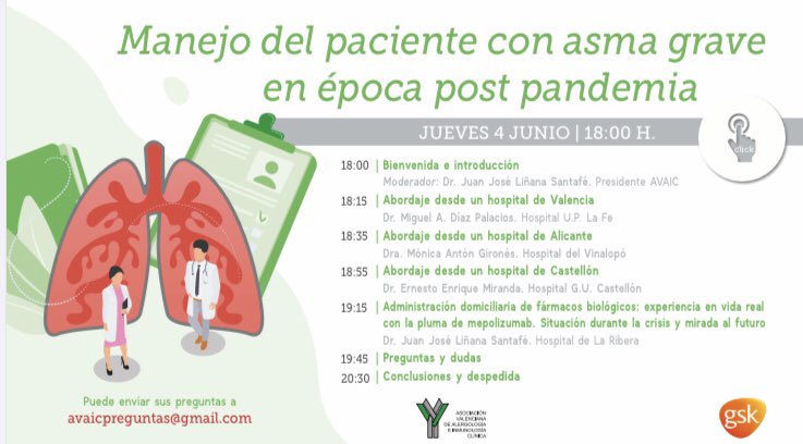 AVAIC_1's tweet photo. El dia Jueves 4 a las 18:00 @AVAIC_1 y @GSK tenemos organizado un webinar sobre la vuelta a las consultas de alergia. Pueden enviar dudas a: avaicpreguntas@gmail.com. Los esperamos! https://t.co/fvwXBtNPKN