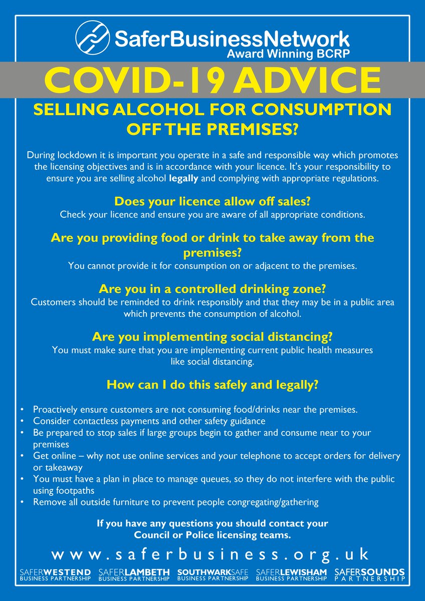 safersoundsldn's tweet photo. Considering off-sales at your venue? Make sure you are doing so legally, safely and responsibly. We have produced a Fact Sheet which should help you.

@SBN_BCRP @SaferWestEnd @SaferLambeth @SouthwarkSafe @SaferLewisham @LDNSaferTowns @nightczar https://t.co/p2Jy6qgzIc